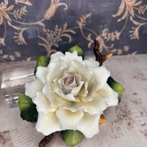 Andrea by Sadek Porcelain White Rose Figurine Blush Pink Flower Signed